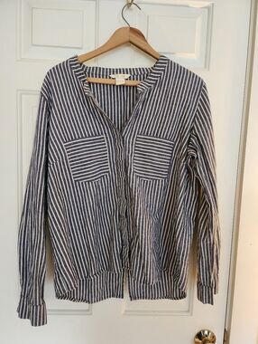 Sundance Dylan Button Down Shirt Blue Striped Cotton Coastal Beachy Size L